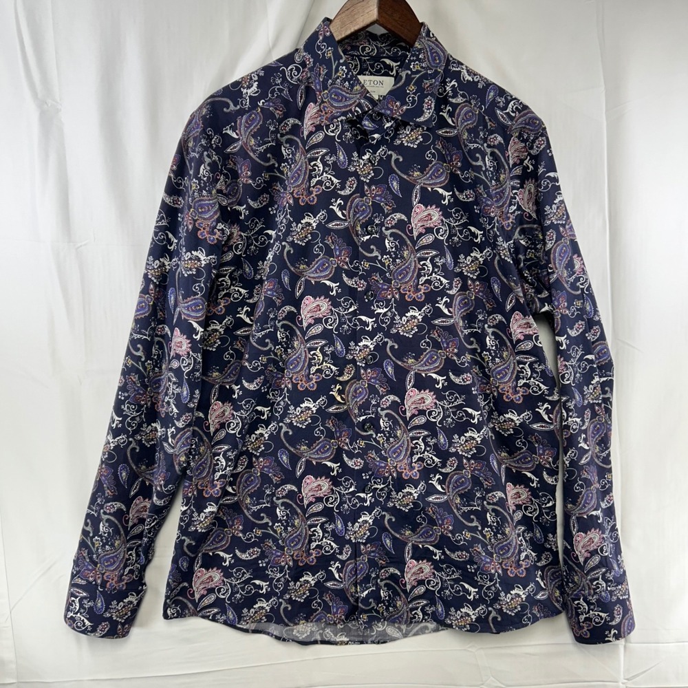 Eton Button Up Shirt Mens XL Navy Blue Paisley Slim Fit Long Sleeve 43 17